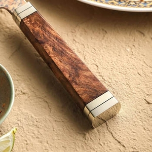 Artisan <b>Copper</b> Damascus Pattern Outdoor Utility Chef Knife With Decorative Wooden <b>Handle</b> For Picnic And Camp Food Preparation - Product Image 2