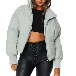 Women's <b>Quilted</b> Puffer Jacket Solid Color Stand Collar Full Sleeve <b>Thick</b> Winter Outerwear Short Length Puff Sleeve Design - Product Image 3