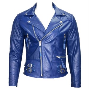 แจ็คเก็ตหนังมอเตอร์ไซค์คาเฟ่เรเซอร์สีน้ำเงินรอยัล - Product Image 1