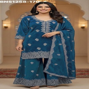 Traje Plazzo-Dupatta listo para usar, con bordados de Butta dispersos y ribete ancho, ideal para festivales. Proveedor de la India. - Product Image 1