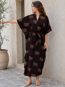 Animal Print Boho Kaftan Dress Brown Cotton Blend Tunic Batwing Lounge Cover Up customize Kaftan For women - Product Image 5
