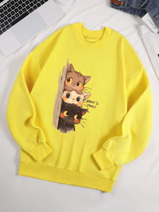Sweat-shirt à capuche basique sportif pour l'automne-hiver 2026 avec impression 'Trois petits chats vous observent discrètement' - Product Image 4