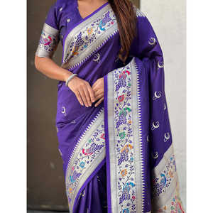 ผ้าไหมพิธีนี วิโอเล็ต ชานด์ราคอร์ ปายทานี ลายปักดิ้นทอง สำหรับงานแต่งงาน โดยอีลิท วีฟส์ น้ำหนัก 650 กรัม - Product Image 2