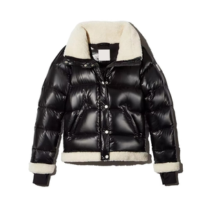 Women's Quilted <b>Jacket</b> Black <b>White</b> Faux Fur Trim Stand Collar Full Sleeve Winter Thick Polyester Wadding Zipper Closure - Product Image 1