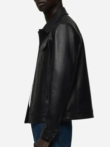 Mens <b>Sheepskin</b> Black Leather Trucker <b>Jacket</b> - Product Image 2