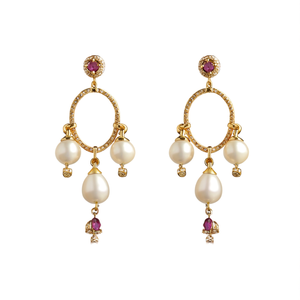 Vintage Gold Plated Hoop Earrings with Pearl and Ruby Tassel Design for Party - Product Image 1