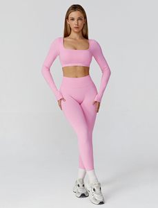 Pink 2 Piece Yoga Set High Waist Crop Top Full Length Leggings Seamless Crisscross <b>Back</b> Sport Wear for Women - Product Image 6