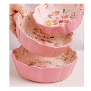 Juego de Tazones de Cerámica de Lujo con Diseño Floral Rosa, Tazones para Ensalada con Borde Festoneado, para Sopa, Pasta, Cereal, Postre - Product Image 3