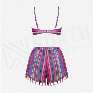 Ensemble tankini rayé en mousseline de soie pour femme grande taille avec short à franges et haut kimono ouvert sur le devant - Product Image 2