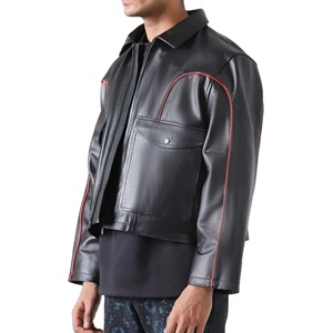 Veste en cuir véritable Letterman noire personnalisée pour hommes, fermeture éclair d'hiver de haute qualité, broderie de passepoil rouge, style décontracté, service OEM - Product Image 3
