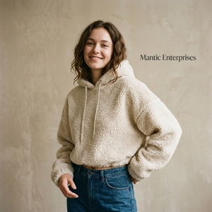 Vente en gros de sweats à capuche en coton pour femmes, à capuche courte, avec cordon de serrage, en polaire sherpa beige, vêtements de sport - Product Image 4