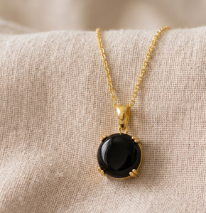 18K Gold Plated Sterling <b>Silver</b> Round Black Stone Pendant <b>Necklace</b> Claw Setting Geometric Jewelry for Women Gift - Product Image 1