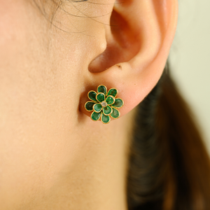 Boucles d'oreilles en forme de fleur éclose en émeraude et diamant 100% naturels, pierres précieuses, pour femme, en or jaune véritable 18 carats - Product Image 2