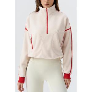 2026 New Arrival <b>Women's</b> <b>Cream</b> <b>Fleece</b> Half-Zip Oversized Sweatshirt Stand Collar Drop-Shoulder Full Sleeve Winter Wear Cropped - Product Image 3