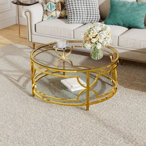 Lussuoso Tavolino da Caffè con Struttura in Metallo Geometrico e Piano in Vetro Temperato Rotondo 78 cm, Finitura Oro, Ripiano Inferiore Trasparente - Product Image 3