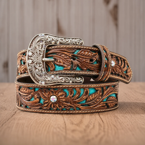 Premium Western Cowboy Leather <b>Belt</b> for Men Women Brown Floral Tooled Turquoise Inlay <b>Belt</b> with Rhinestone <b>Silver</b> <b>Buckle</b> - Product Image 3