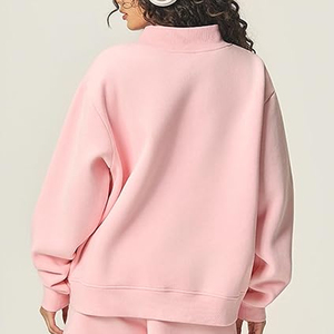 Women's Pink Oversized Turtleneck Sweatshirt Drop Shoulder Long Sleeve Solid Color Knitted 100% Cotton Autumn Wear - Product Image 3