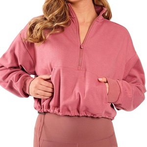 2026 Women's 1/4 Zip Cotton Fitness Sports Active Wear Gym Crop Top Hoodie Set Winter Sweatshirt by Factory Wholesale - Product Image 1