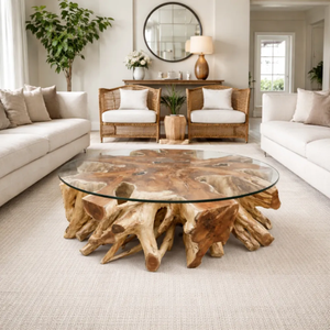 Organic Solid Teak Root <b>Coffee</b> <b>Table</b> with Round Glass Top <b>Rustic</b> Modern Design Live Edge Natural Wood Luxury Furniture - Product Image 5