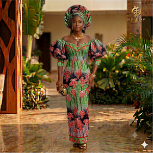 Robe longue africaine en tissu wax vert à motif de feuilles rouges, manches bouffantes et foulard Gele assorti - Product Image 1