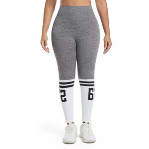 High Waist <b>Yoga</b> Leggings Full Length <b>Plus</b> <b>Size</b> Gray White Contrast Stripe Number Print Elastic Waist Spandex Polyester <b>Pants</b> - Product Image 1