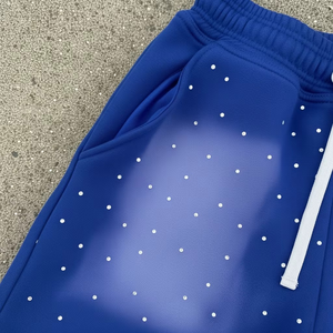Shorts personnalisés pour hommes bleu roi avec strass, effet délavé, taille à cordon, style streetwear, mélange de coton, bas décontractés d'été - Product Image 4