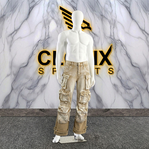 CLOVIX SPORTS Pantalones Cargo de Mezclilla para Hombre, Pierna Ancha, Estilo Urbano, Multibolsillos, Azul Lavado, Proveedor de Logotipos Personalizados - Product Image 1