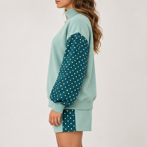 Women's Mint Polka Sleeve Fleece Mock Neck 2-Piece <b>Shorts</b> <b>Set</b> Drop Shoulder Sweatshirt Matching <b>Shorts</b> Custom Wholesale - Product Image 4