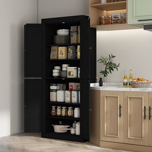 Moderno Armadio Dispensa da Cucina Indipendente con Ante in Metallo Nero e Legno, Ripiani e Telaio in MDF - su Ruote - Product Image 2