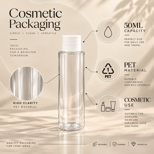 Flacon cosmétique transparent en PET de 50 ml |   Contenant vide en plastique pour produits de soin avec bouchon à vis pour lotion, shampoing, sérum et autres usages cosmétiques - Product Image 5