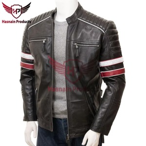 Chaqueta de Cuero Genuino Negra para Hombre con Rayas Rojas y Blancas, Estilo Biker Cafe Racer, Abrigo de Piel de Vacuno con Hombros Acolchados, Prenda Exterior Clásica Personalizada de Moda - Product Image 2
