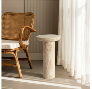 Travertine Coffee <b>Table</b> <b>Round</b> Pedestal <b>Side</b> <b>Table</b> Natural Stone Accent <b>Table</b> for Living Room - Product Image 5