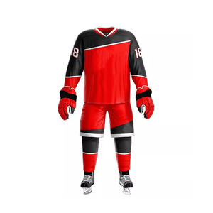 Uniforme de Hockey sobre Hielo Personalizado con Impresión por Transferencia de Calor, Unisex, Rojo y Negro, Cuello en V, Sin Mangas, Jersey y Pantalones de Poliéster que Absorben la Humedad - Product Image 1