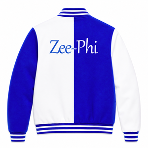 Chaqueta universitaria personalizada de la hermandad Zeta Phi Beta, azul y blanca, de manga larga, con botones en la parte delantera, cuello con ribete, logotipo bordado, de algodón. - Product Image 3