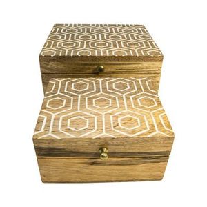 Wooden Storage Boxes Rectangular Carved Minimalist Design Stackable <b>Double</b> Tier for Living Room Neatening Decorative Box - Product Image 3