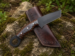 Couteau de chasse artisanal à lame pointue avec manche en bois et étui en cuir, lame en acier carbone de 8 pouces - Product Image 1
