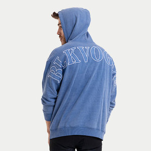 Sweat-shirt à capuche bleu pour homme, coupe classique, couleur unie, avec poche avant, en coton French Terry, décontracté, effet délavé - Product Image 3
