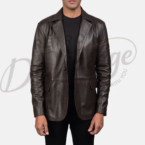Blazer homme en cuir véritable marron foncé, coupe slim, deux boutons, veste de costume décontractée avec poche plaquée - Product Image 3
