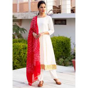 Ensemble Kurta Anarkali blanc en tissu Dobby pour femme avec dupatta Bandhej rouge, manches 3/4, taille XS, en mousseline de soie - Product Image 6