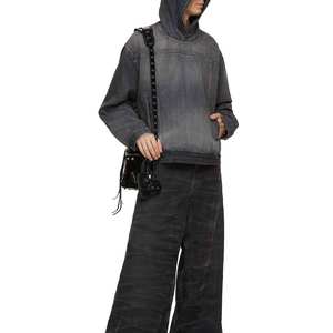 Sudadera con capucha de mezclilla estilo streetwear personalizada, chaqueta con cremallera oversize lavada, ropa exterior retro desgastada a la moda - Product Image 3