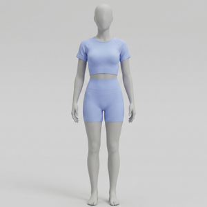 Conjunto Deportivo de 2 Piezas para Mujer, Top Corto sin Mangas, Pantalones Cortos de Cintura Alta, Color Azul Claro Sólido, Tejido de Poliéster/Algodón Transpirable con Cierre - Product Image 1