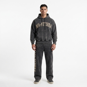 Conjunto de Sudadera con Capucha y Pantalones Jogger para Hombre, Lavado Ácido, Negro, Algodón y Felpa, Estilo Urbano, Talla Grande, OEM, Venta al Por Mayor - Product Image 1