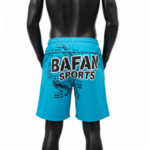 กางเกงว่ายน้ำโพลีเอสเตอร์คุณภาพสูง 140 GSM แห้งเร็ว สีเทอร์ควอยซ์ แต่งแถบข้างสีดำ พร้อมโลโก้แบบรีดร้อน สำหรับใส่ชายหาด ผู้ชาย - Product Image 4