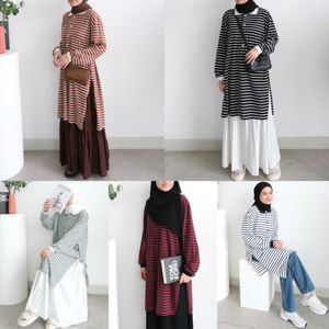 เสื้อทูนิคผู้หญิงแบบถักลายทางลำลองติดกระดุม - Product Image 2