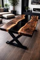 Table à manger rectangulaire moderne en bois et résine noire, bord brut, avec pieds en métal, 6 places, mobilier de salle à manger