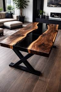 Mesa de Comedor Rectangular Moderna Hecha a Mano con Bordes Naturales de Madera y Resina Negra, con Patas de Metal, para 6 Personas, Muebles para Comedor - Product Image 5