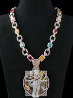 Collar de Lujo Chapado en Rodio con Plata 925, Moissanita de Corte Ovalado y Piedras Preciosas de Colores, Estilo Cubano, Unisex para Hombres y Mujeres, Joyería para Fiestas Hindúes