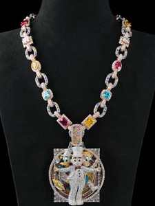 Collier unisexe en argent 925 plaqué rhodium de luxe avec moissanite taille ovale et chaînes cubaines colorées, bijoux de fête hindou pour hommes et femmes - Product Image 2
