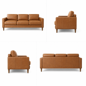 Elegant Cognac Leather <b>Sofa</b> 3 Seat Mid Century Modern Couch Solid Wood Frame Comfortable Living Room Lounge Furniture - Product Image 4