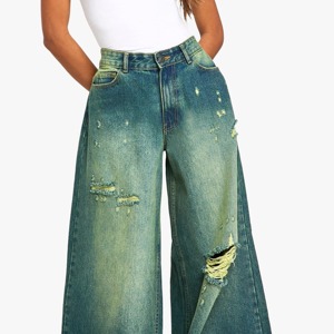 Premium Women High Waist Wide Leg Ripped Denim Jeans Blue Distressed Baggy Trousers For Casual Streetwear And Everyday Fashion - Product Image 2